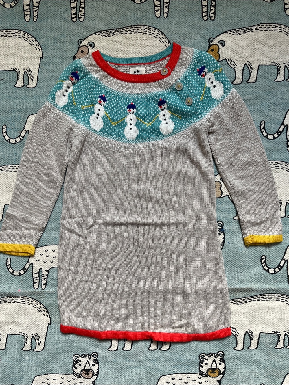 Boden Oatmeal Knit Dress with Teal Snowman Yoke and Red Trim